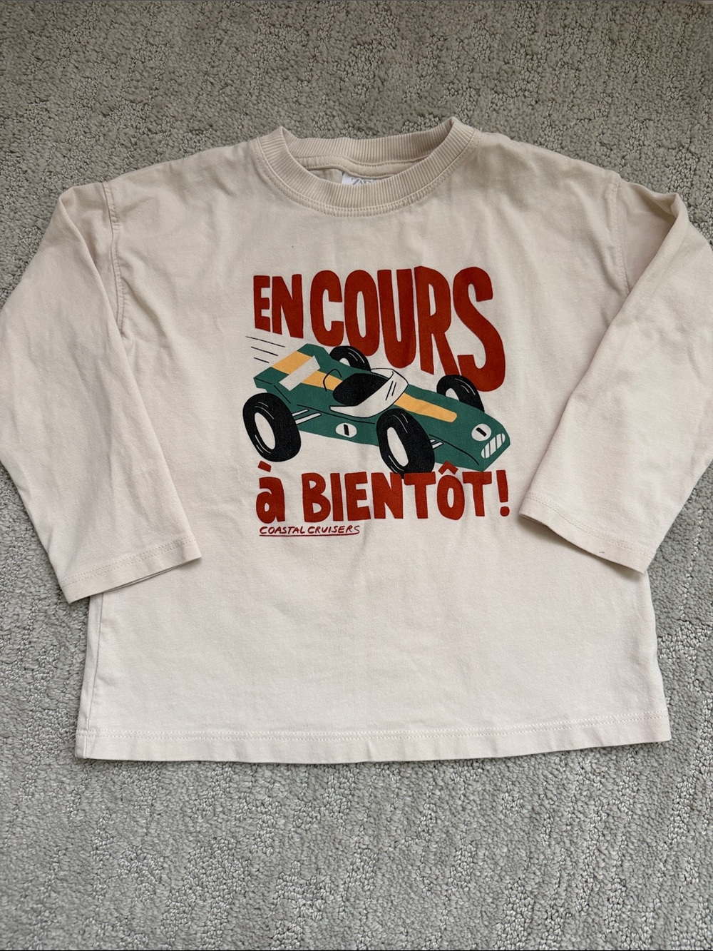 Zara Cream Long Sleeve Tee with Green Race Car Graphic